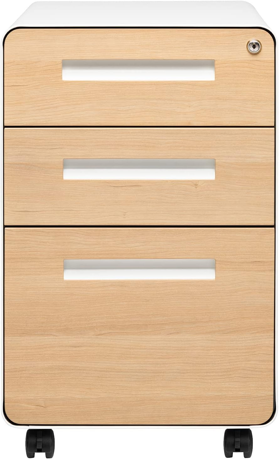 Stockpile 3 Drawer File Cabinet with Lock - under Office Desk Metal Filing Cabinet, Legal/Letter File Folders, Wheels and Stationary Feet, Pre-Assembled, White/Wood-3