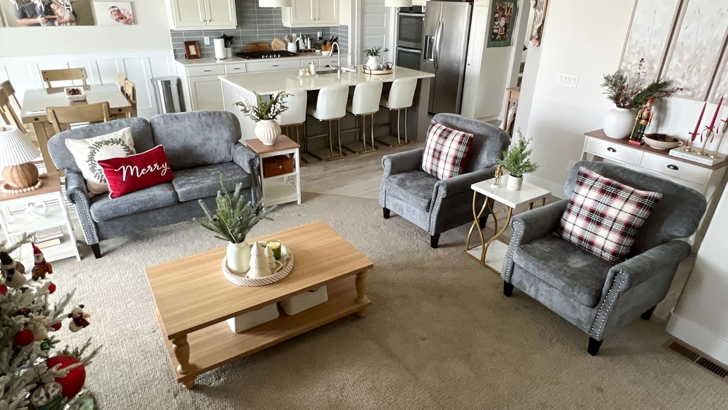 3 Piece Living Room Furniture Set, 1 Loveseat & 2 Accent Chairs, Linen Fabric Comfy Sectional Sofa Couch for Living Room, Bedroom, Grey-3