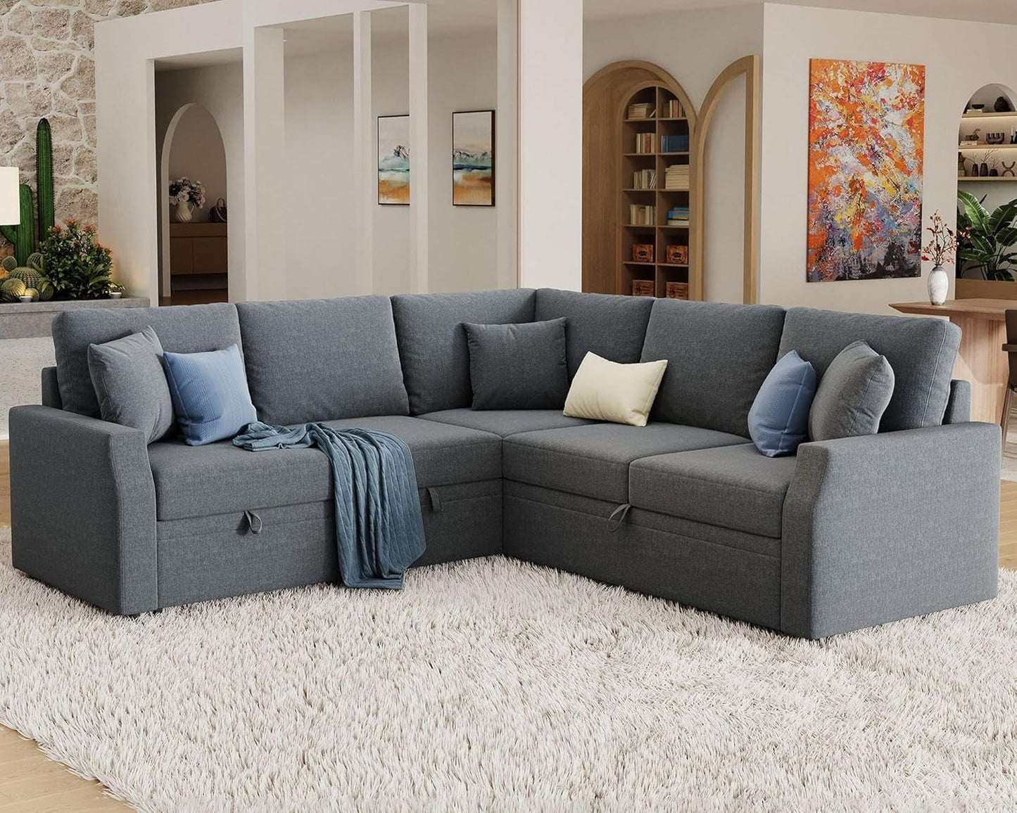 Grey Sectional Sofa Bed L-Shaped, 85", Storage-0