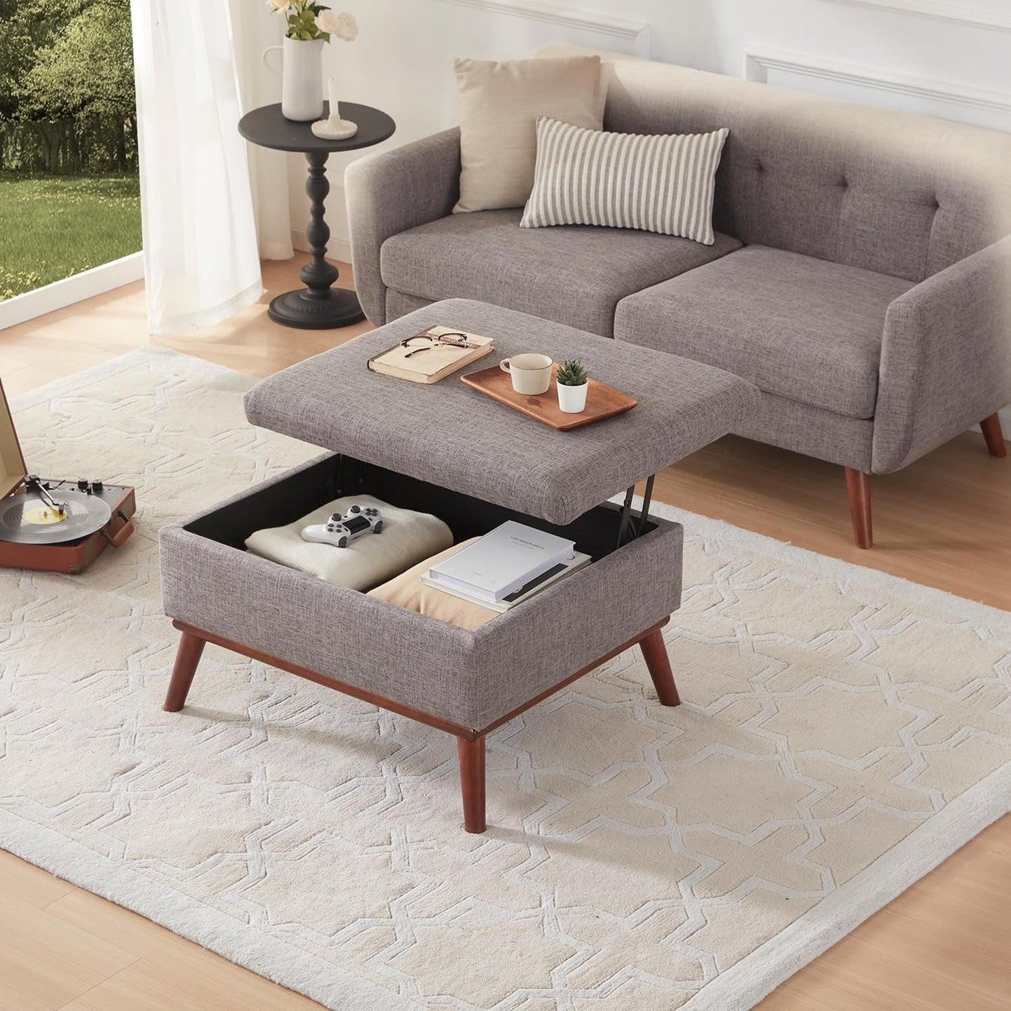 65" W Loveseat Sofa with Ottoman Coffee Table, Mid Century Modern Decor Love Seat Couches and Ottoman with Storage for Living Room, Button Tufted Upholstered Love Seats Furniture Set, Grey-2