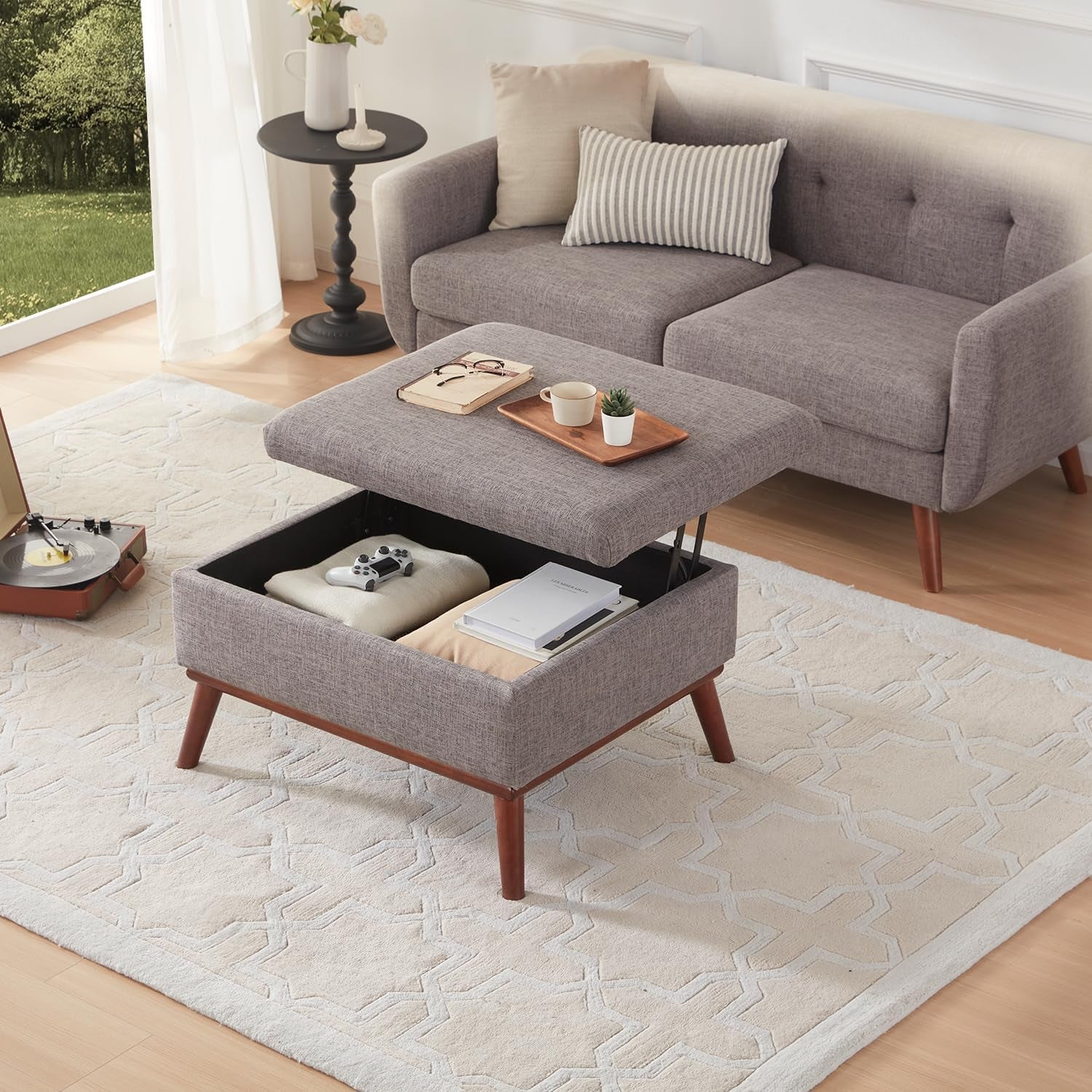 65" W Loveseat Sofa with Ottoman Coffee Table, Mid Century Modern Decor Love Seat Couches and Ottoman with Storage for Living Room, Button Tufted Upholstered Love Seats Furniture Set, Grey-2