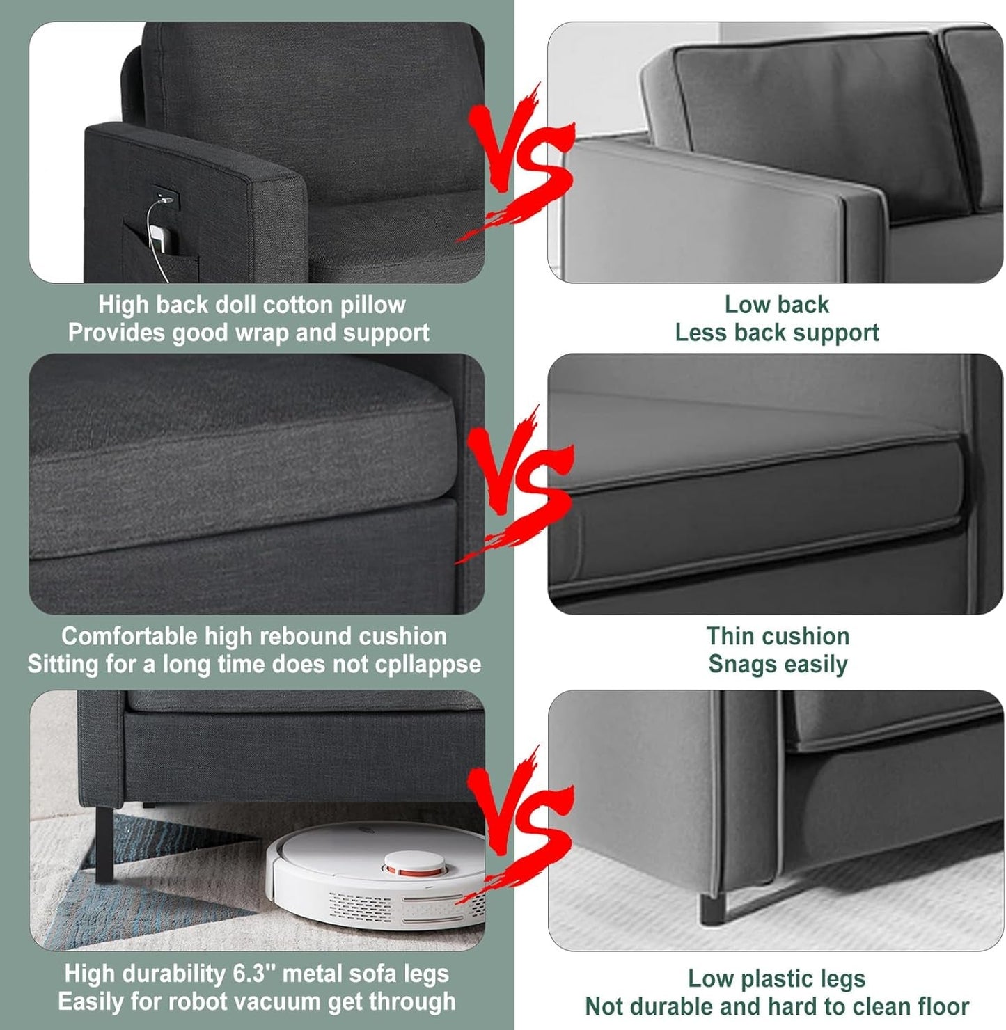 3 Piece Living Room Furniture Sets, 3 Seat Couch and Loveseat with 2 USB, Single Sofa Accent Chair, Modern Small Couches for Small Spaces, Bedroom (Dark Grey)-4