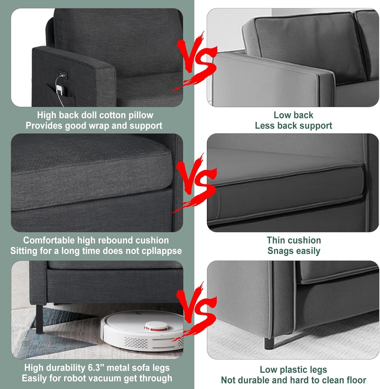 3 Piece Living Room Furniture Sets, 3 Seat Couch and Loveseat with 2 USB, Single Sofa Accent Chair, Modern Small Couches for Small Spaces, Bedroom (Dark Grey)-4