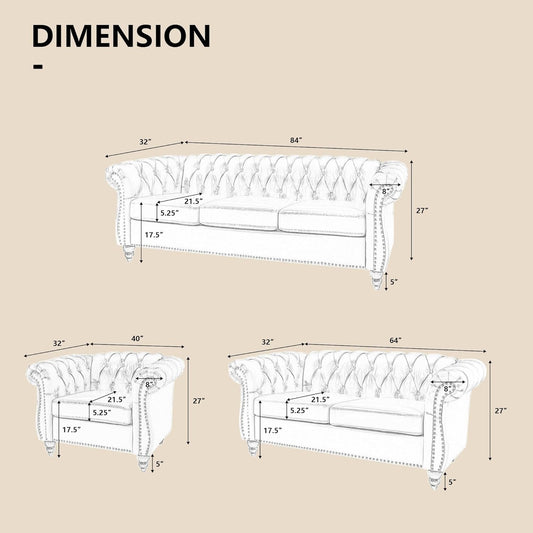 3 Piece Living Room Set, Sectional Chesterfield Sofa Chair Contemporary Upholstered Velvet Loveseat Couch Sets for Living Room, Bedroom, Office (Beige)-1