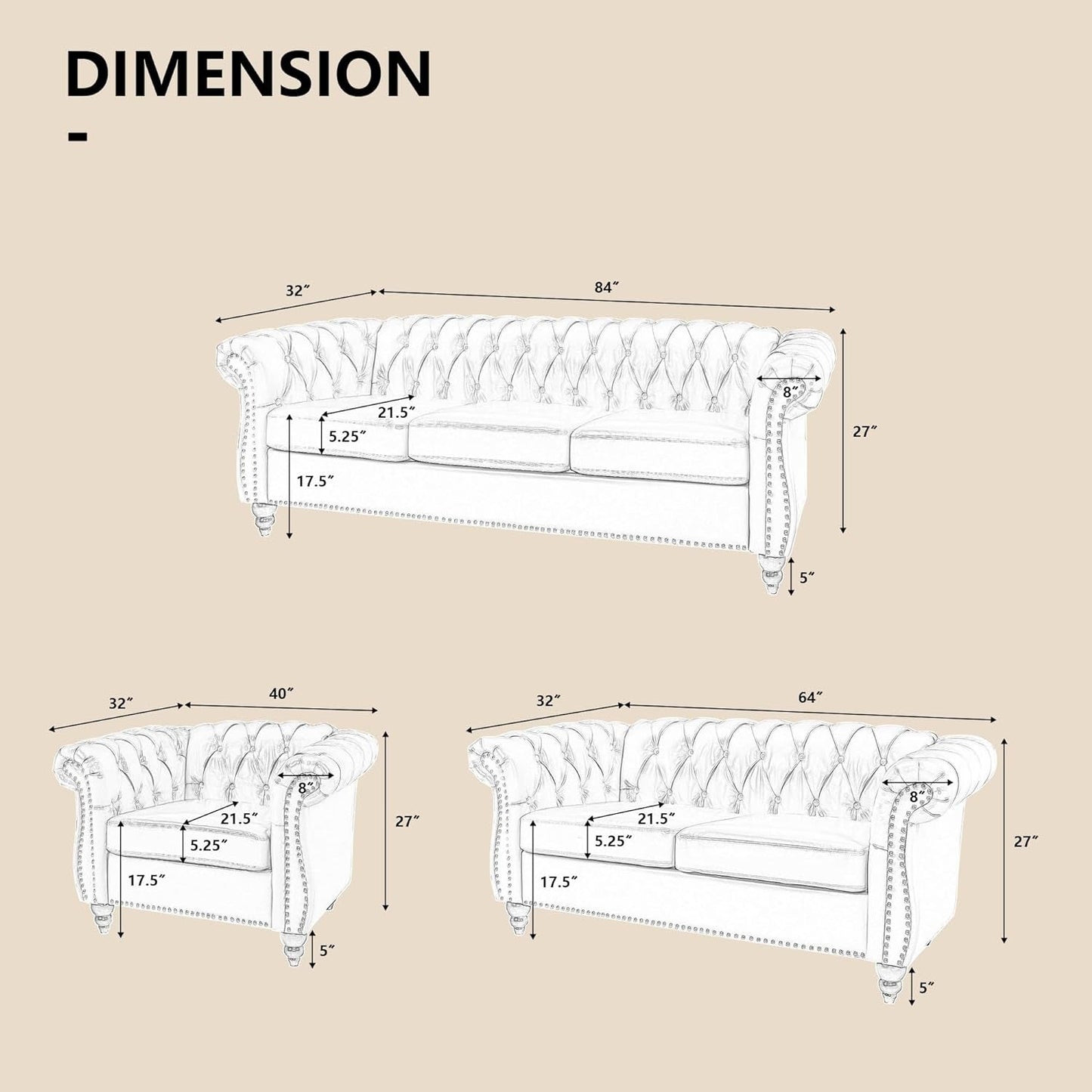 3 Piece Living Room Set, Sectional Chesterfield Sofa Chair Contemporary Upholstered Artificial Leather Loveseat Couch Sets for Living Room, Bedroom, Office (Black)-1