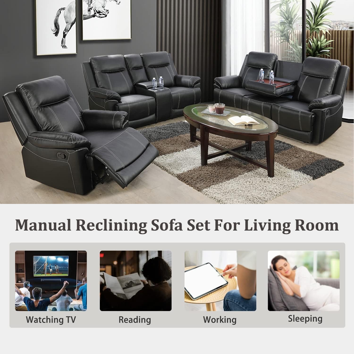 Manual Recliner Sofa Set, Bonded Leather Sofa with Recliners, Reclining Couch Set with Storage Console and Cup-Holders for Living Room/House/Bedroom/Office/Apartment (Black / 3 Pieces Set)-4