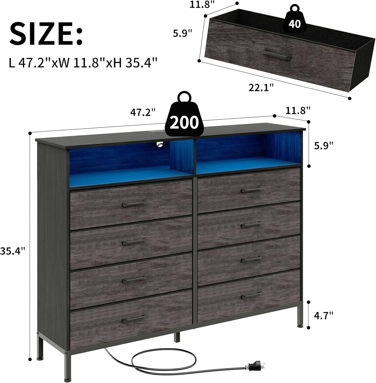 LED Dresser with 8 Fabric Drawers and Charging-2