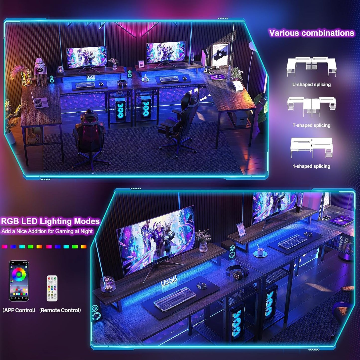 L Shaped Computer Desk with Magic Power Outlets and Smart LED Light, Reversible Office Corner Desk with Ergonomic Monitor Stand, Large Gaming Table with Storage, Sleek Grid Design, Black Oak-3