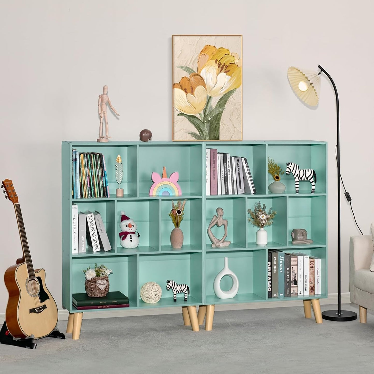 7 Cube Bookshelf 3-Tier Bookcase with Legs, Mint-Green Kids Book Shelf Cute Storage Organizer, Toy Shelves Bookshelves,Wood Display Bookcases-3