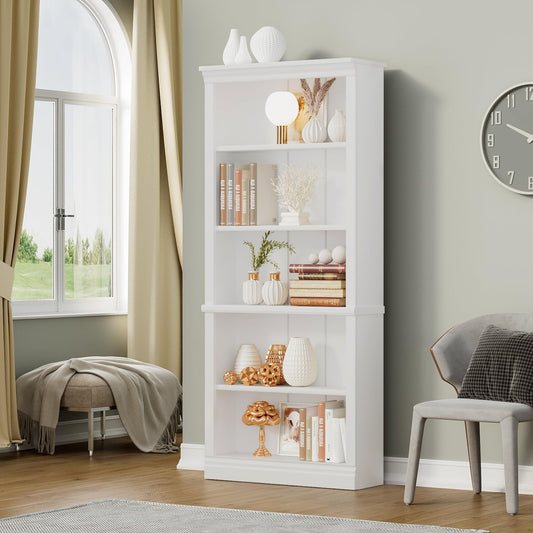5-Shelf Bookcase, Wooden Standing Rack Book Storage Shelves Furniture Selection for Living Room, Bedroom, Home Office (White)-0
