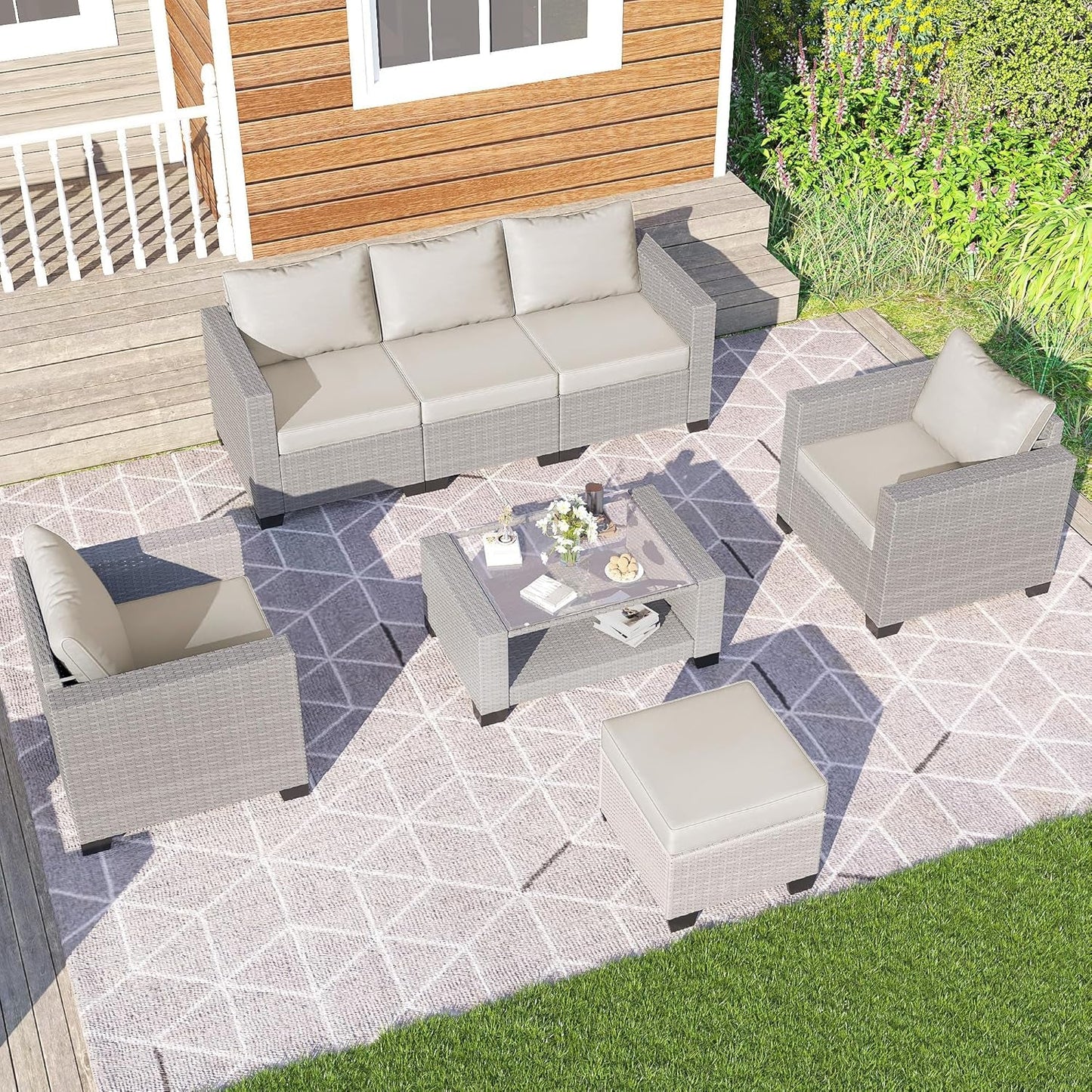 7 Piece Outdoor Patio Furniture Set, Outdoor Sectional Furniture, Rattan Chairs Glass Table Wicker Conversation Seating Sectional Sofa with Cushions (B-Grey White-Grey, B-7 Pieces-Tilted Back)-2