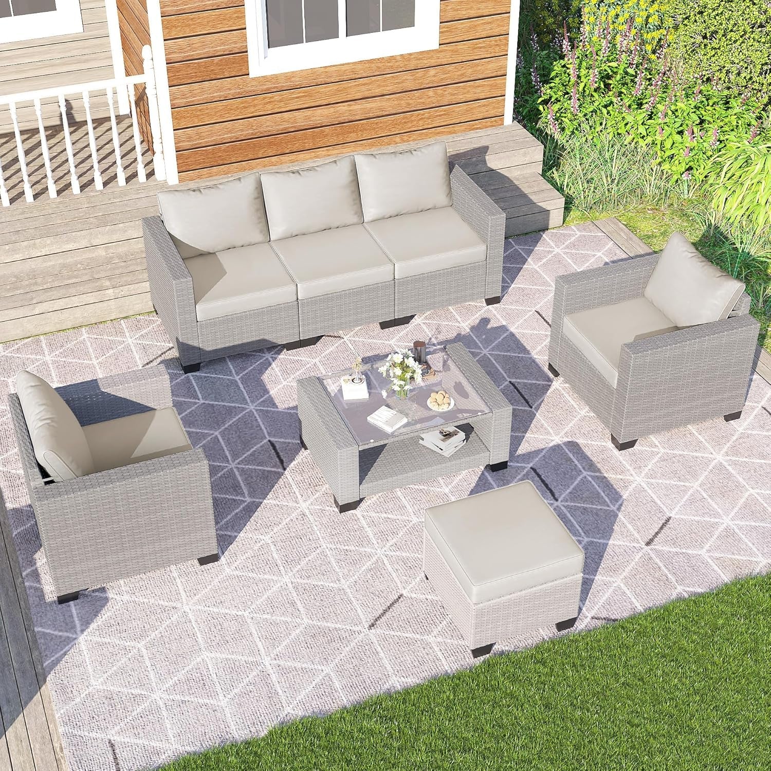 7 Piece Outdoor Patio Furniture Set, Outdoor Sectional Furniture, Rattan Chairs Glass Table Wicker Conversation Seating Sectional Sofa with Cushions (B-Grey White-Grey, B-7 Pieces-Tilted Back)-2
