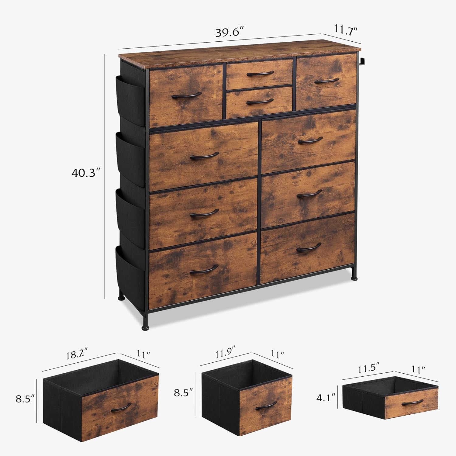 Dresser for Bedroom with 10 Drawers, Fabric Dresser Chest of Drawers with Side Pockets and Hooks, Sturdy Metal Frame, Drawers Organizer Unit for Room, Hallway, Rustic Brown Wood Grain Print-2