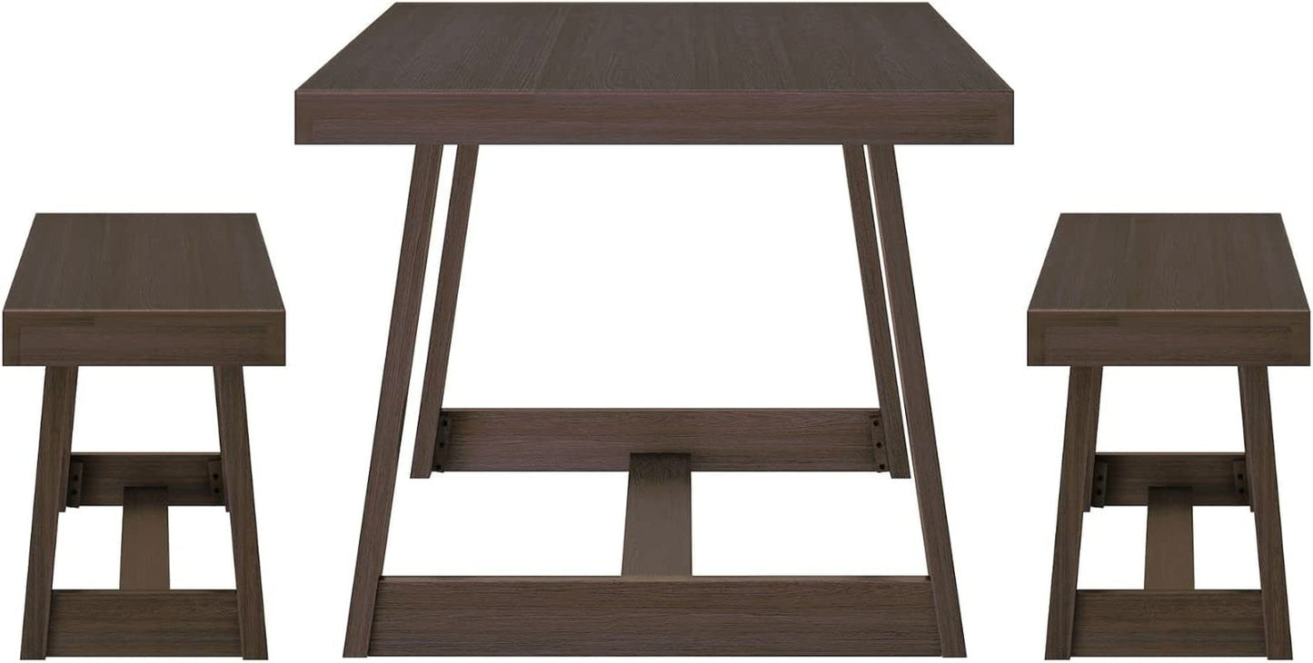 Farmhouse Solid Wood Dining Table Set with 2 Benches, Walnut-3