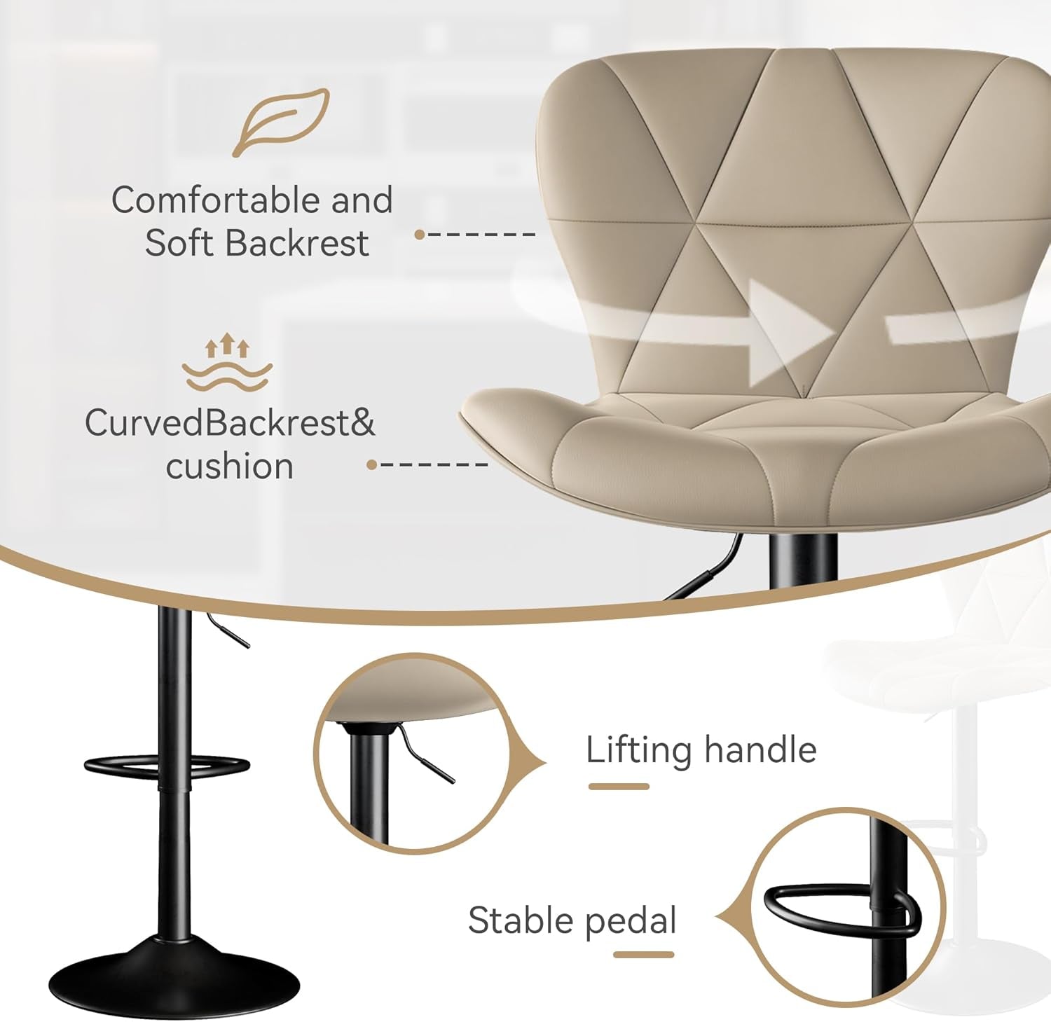 Bar Stools Set of 2,Adjustable Swivel Barstools, Faux Leather Bar Chairs,Upholstered Counter Height with High Backrest for Kitchen Island,Khaki-2