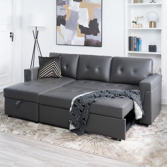 Jenny Sectional Sofa Sleeper with Storage Chaise, Tufted Pull Out Couch with Storage, Sectional Bed, L-Shaped Reversible Sleeper Sofa With, Dark Gray,Air Leather-0