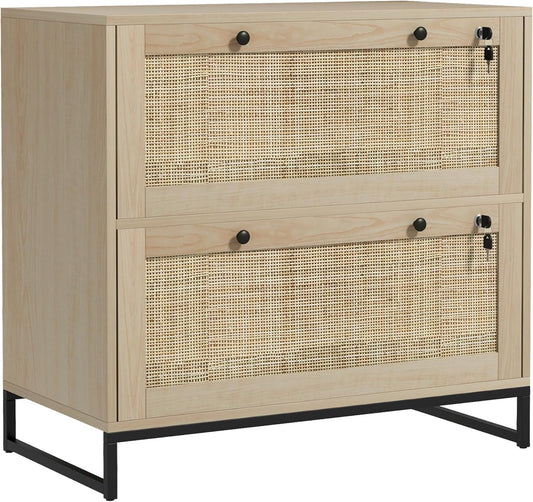 2 Rattan Drawer File Cabinet with Lock, Lateral Filing Cabinet with Adjustable Hanging Bar for Letter, A4 and Legal Size Files, Printer Stand for Home Office, Natural-0