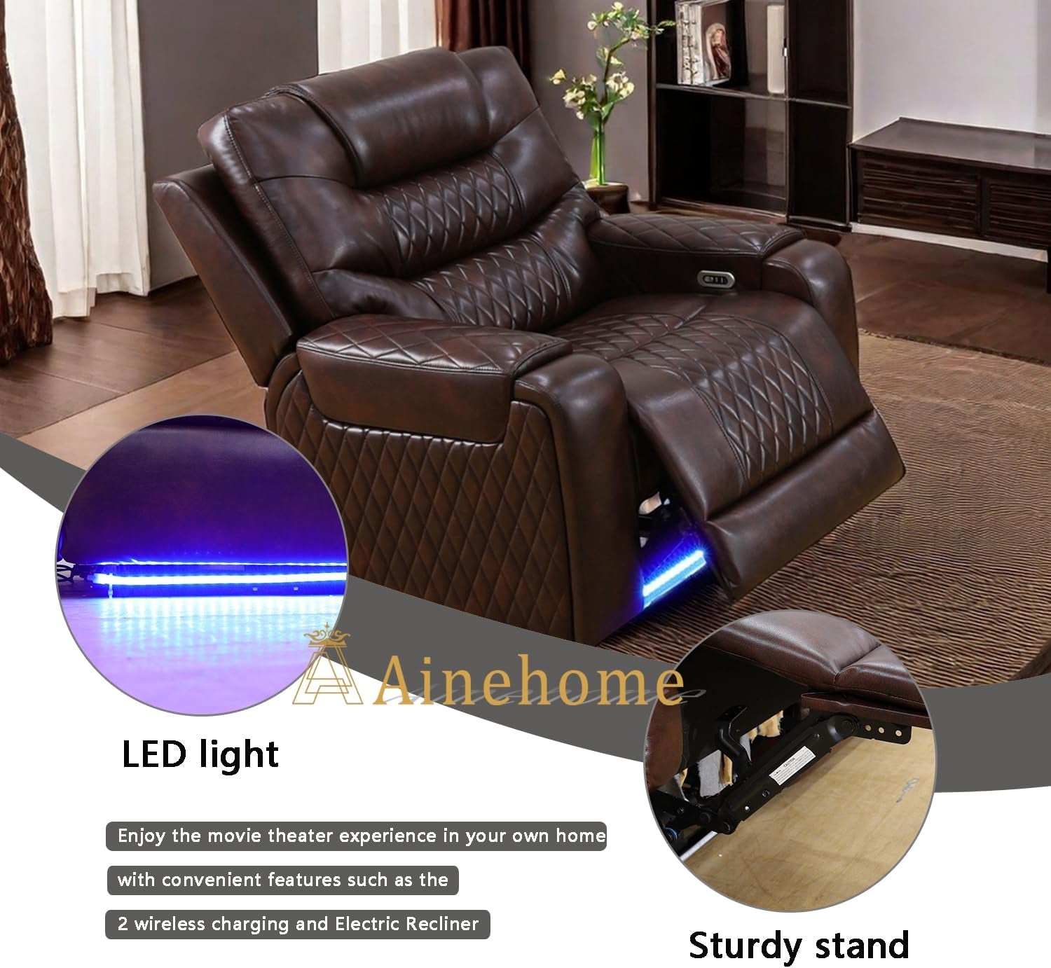 LED Power Recliner Sofa for Living Room Furniture Set, Leather Sectional Sofa Set, Recliner Chair Set Reclining Sofa and Loveseat with USB Port/Storage Console/Cup Holders(Dark Brown Chair)-2