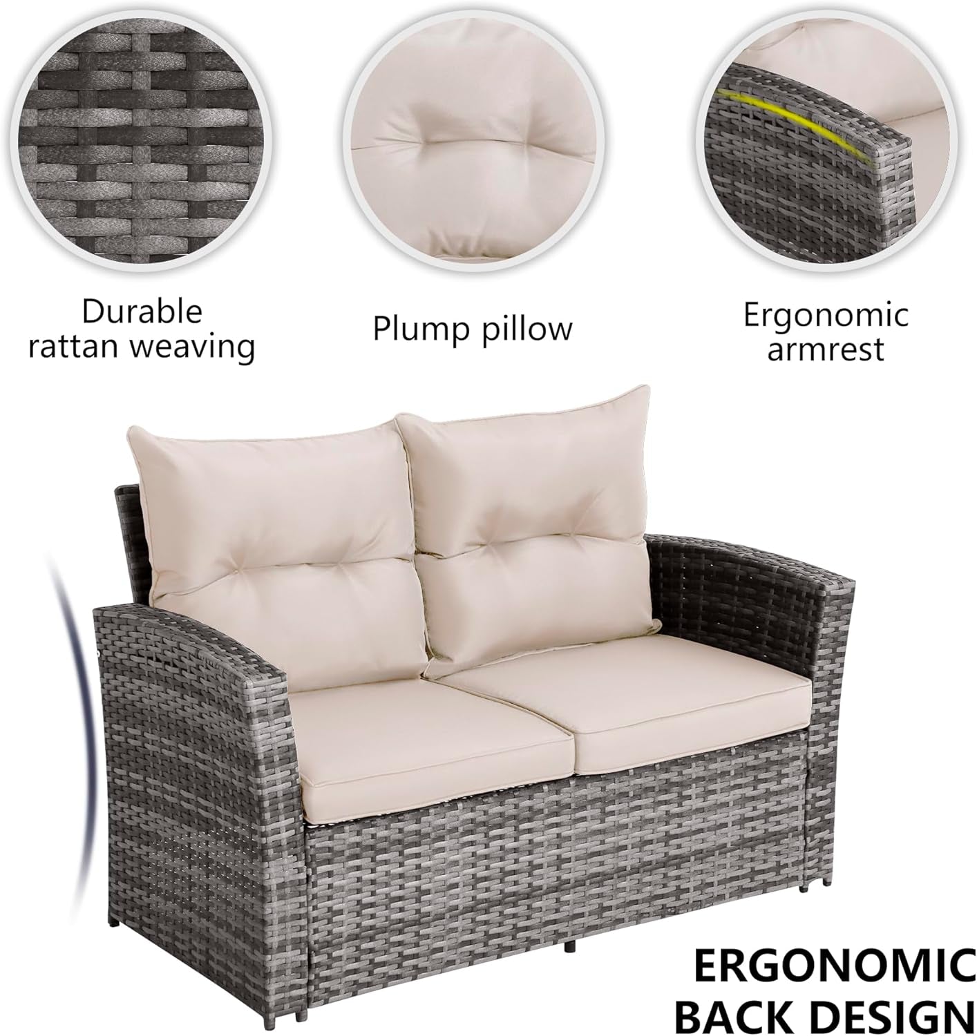 Patio Furniture Set,Outdoor Seating Patio Loveseat, 4 PCS Rattan Wicker Conversation Set with Glass Top Table and Chairs for Garden, Porch, Deck (Beige, 4Pcs)-4