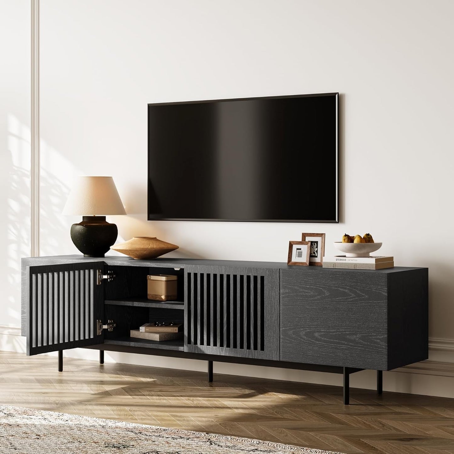 Modern Solid Wood TV Stand, Black Entertainment Center for 70 75 Inch TV, Tall TV Cabinet with Slatted Doors, Tall-Cast Metal Legs, Fully-Assembled, 78"-1
