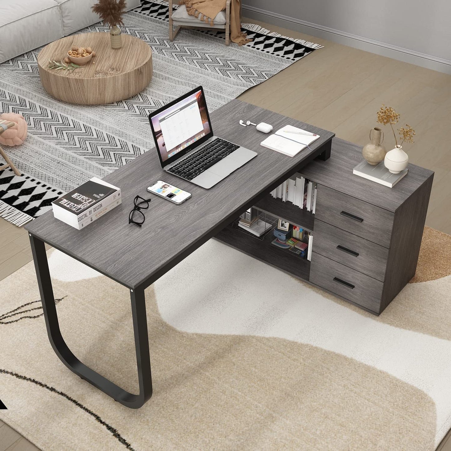 Home Office Corner Desk, Large with Drawers, Gray-1