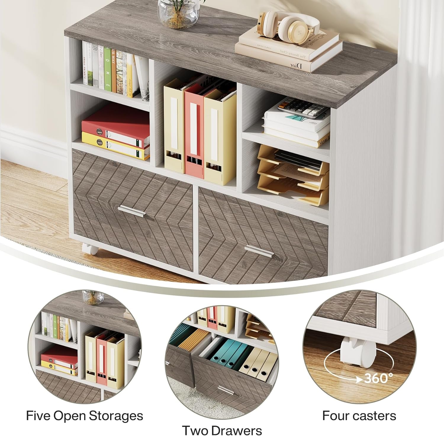 L-Shaped Executive Desk with Reversible File Cabinet, 63" Office Desk with Storage Drawers, L-Shaped Computer Desk with Drawer Cabinet for Hanging Letter Size Files,Gray & White-4
