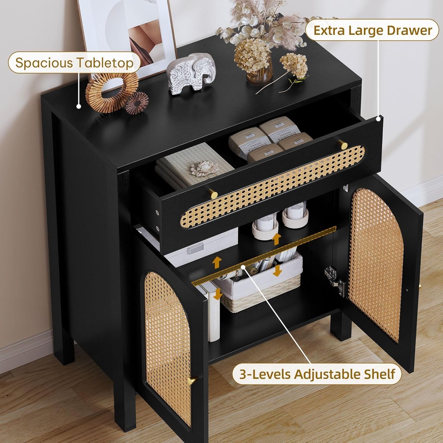 Black Rattan Door Buffet Cabinet with Drawers 36"-3