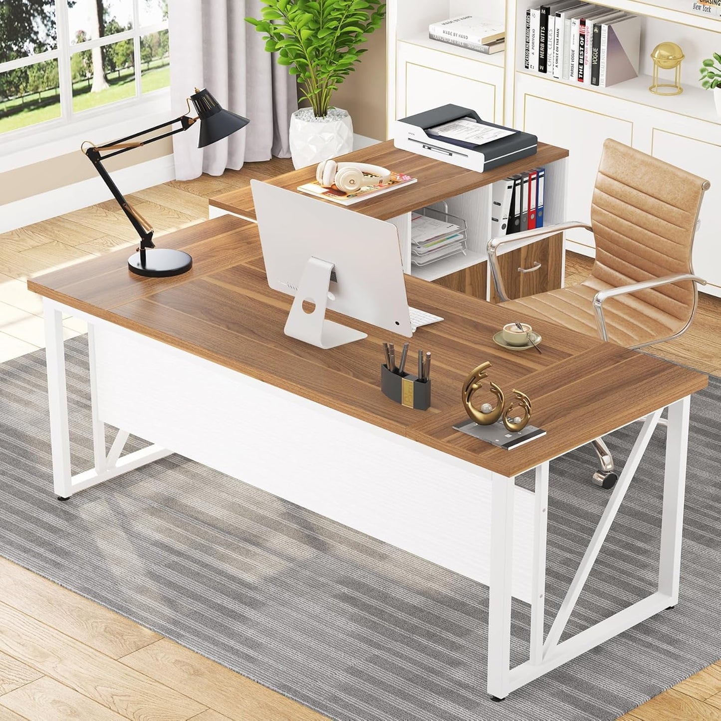 63 Inches Executive Desk and 47" Lateral File Cabinet, L-Shaped Computer Desk Home Office Furniture Set with Drawers and Storage Shelves, Office Table with Cabinet (Walnut+White, 63)-0