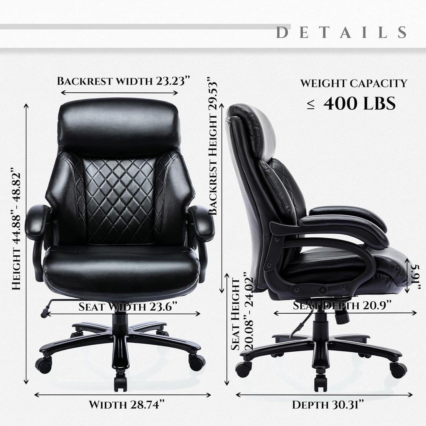 Big and Tall Office Chair 400Lbs-Heavy Duty Executive Desk Chair with Extra Wide Seat, High Back Ergonomic Leather Computer Chair with Tilt Rock&Tension, Padded Armrests-Black-1