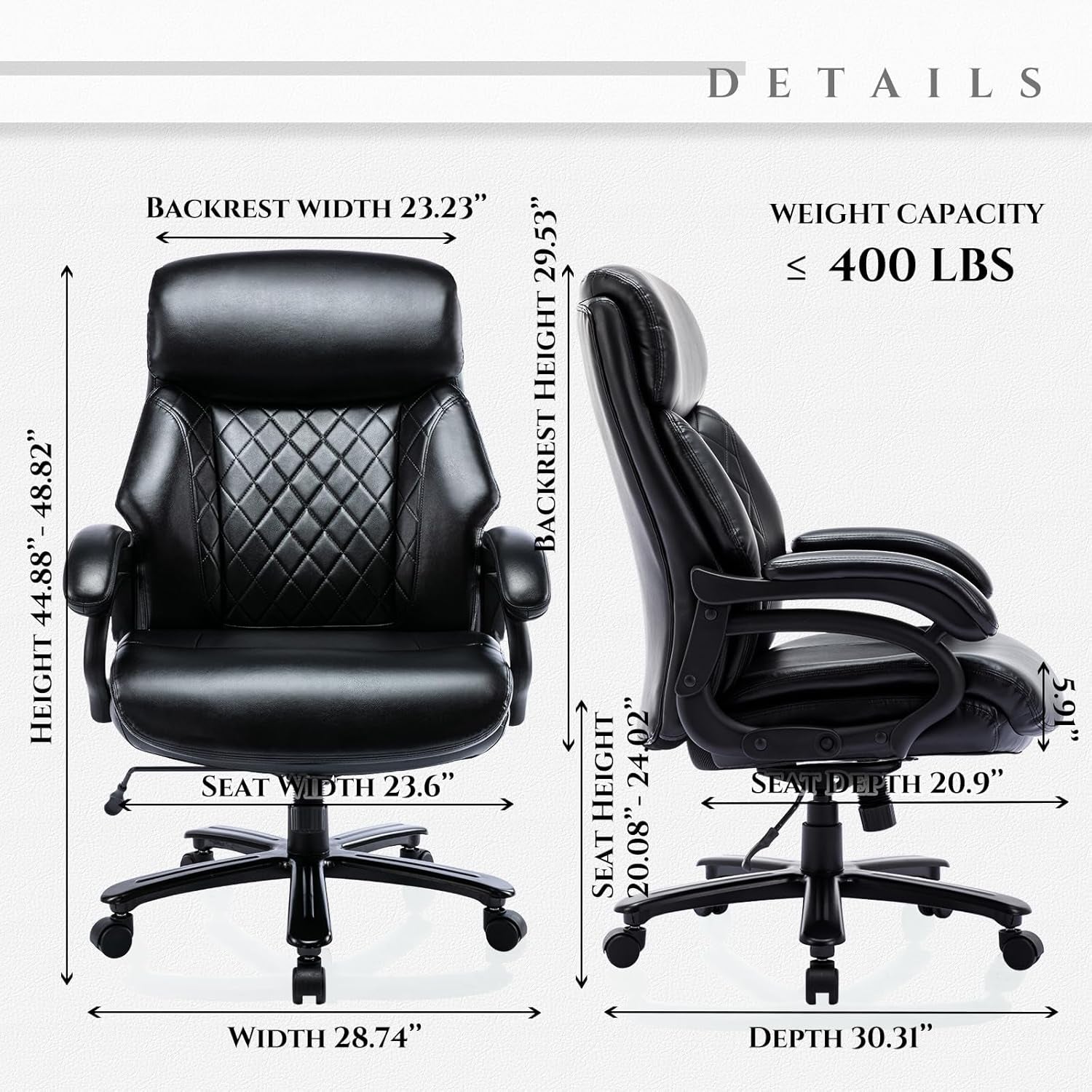 Big and Tall Office Chair 400Lbs-Heavy Duty Executive Desk Chair with Extra Wide Seat, High Back Ergonomic Leather Computer Chair with Tilt Rock&Tension, Padded Armrests-Black-1
