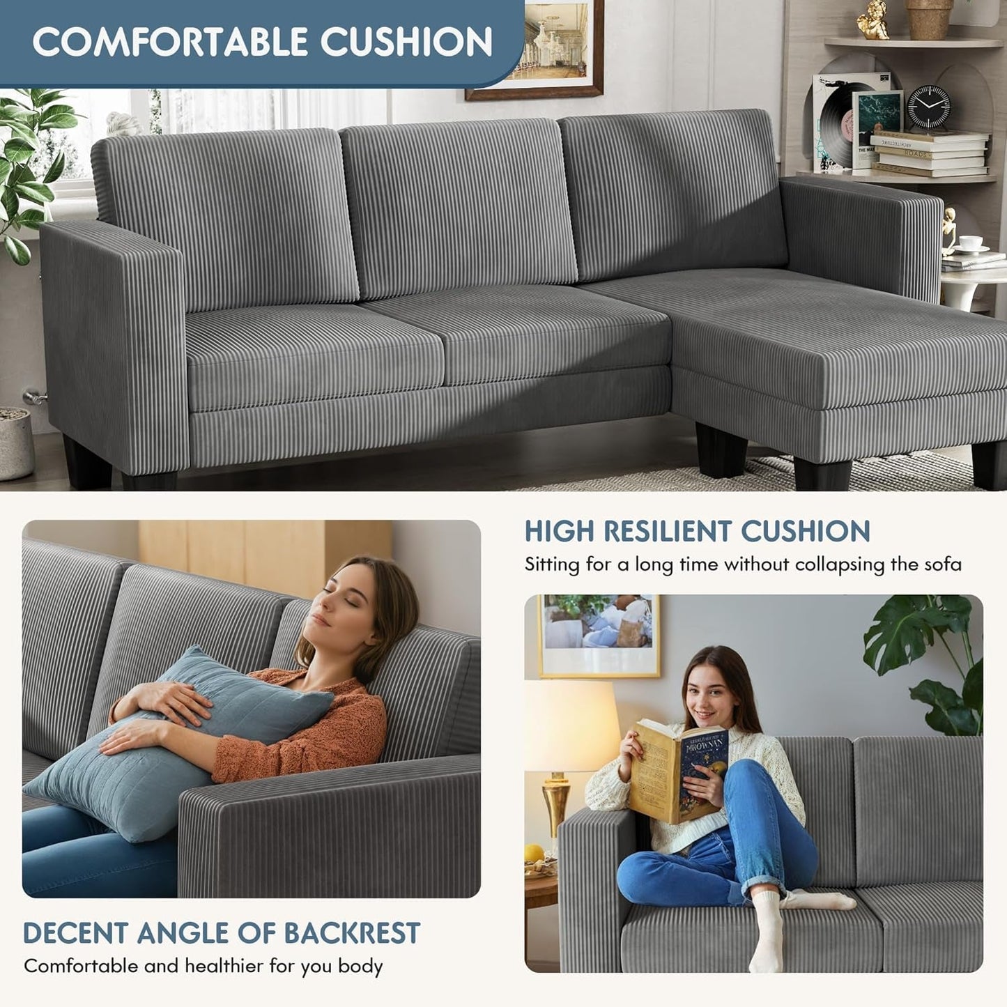 L-Shaped Convertible Sectional Sofa 3 Seater with Corduroy Fabric, Complete with Mobile Footrest, for Living Room, Apartment and Office, 70", Dark Gray-4