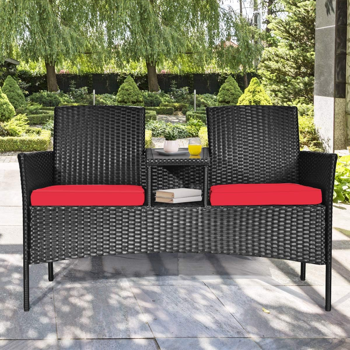 Wicker Patio Conversation Furniture Set, Outdoor Furniture Set with Removable Cushions & Table, Tempered Glass Top, Modern Rattan Bench for Garden Lawn Backyard-4