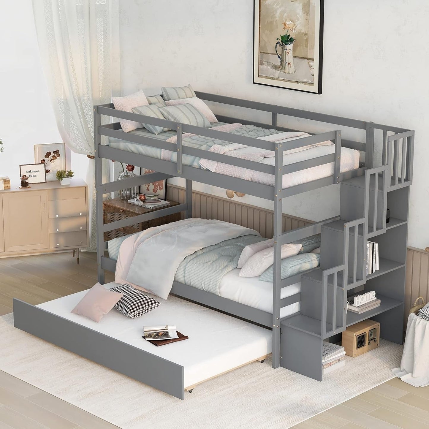 Twin over Twin Bunk Bed with Trundle and Storage Shelf, Solid Wood Bunk Bed with Staircase for Kids,Toddler,Teens,Adults No Box Spring Needed (Grey, Twin/Twin)-3