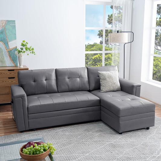 L-Shaped Sectional Sleeper Sofa with USB Ports - Convertible Pull-Out Bed, Ample Storage, Timeless Design, Durable Construction, Gray/Air Leather-0