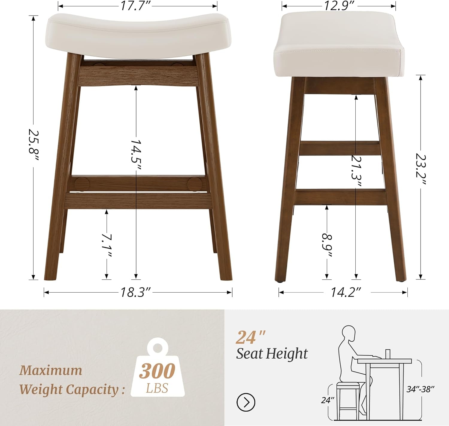 Bar Stools Set of 2, Barstools with Sturdy Wood Legs, Saddle Seat Counter Height Bar Stools for Kitchen Counter, Bar, Dining, 24 Inch Farmhouse Counter Stools, Antique White Leather-1