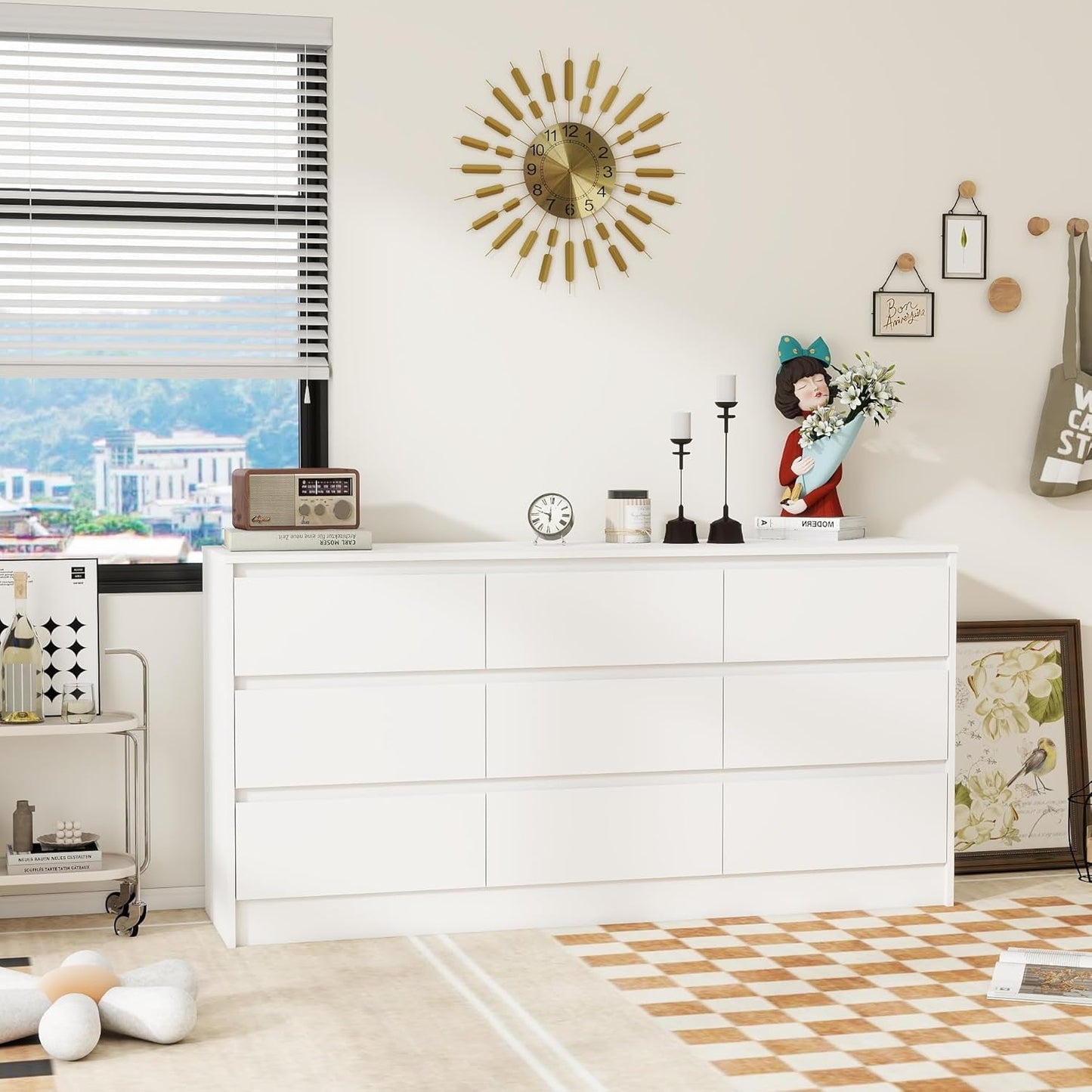 Modern 9 Drawer Wood Dresser for Bedroom, Large Floor Storage Drawer Cabinet Lateral Chest of Drawers Handle Free Organizer for Closet Living Room (White, 9 Drawer)-1