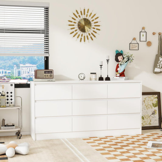 Modern 9 Drawer Wood Dresser for Bedroom, Large Floor Storage Drawer Cabinet Lateral Chest of Drawers Handle Free Organizer for Closet Living Room (White, 9 Drawer)-1