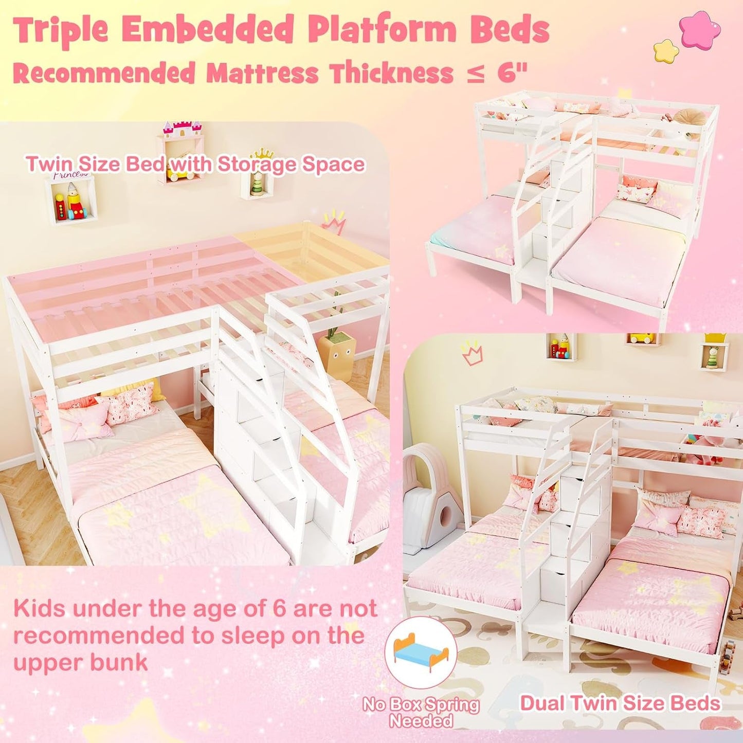 Twin over Twin & Twin Bunk Bed, Triple Bunk Beds with 4-Step Storage Stair, Guardrail & Solid Wood Structure, Wooden 3 Bunk Beds for Kids Teens, No Box Spring Needed, White-4