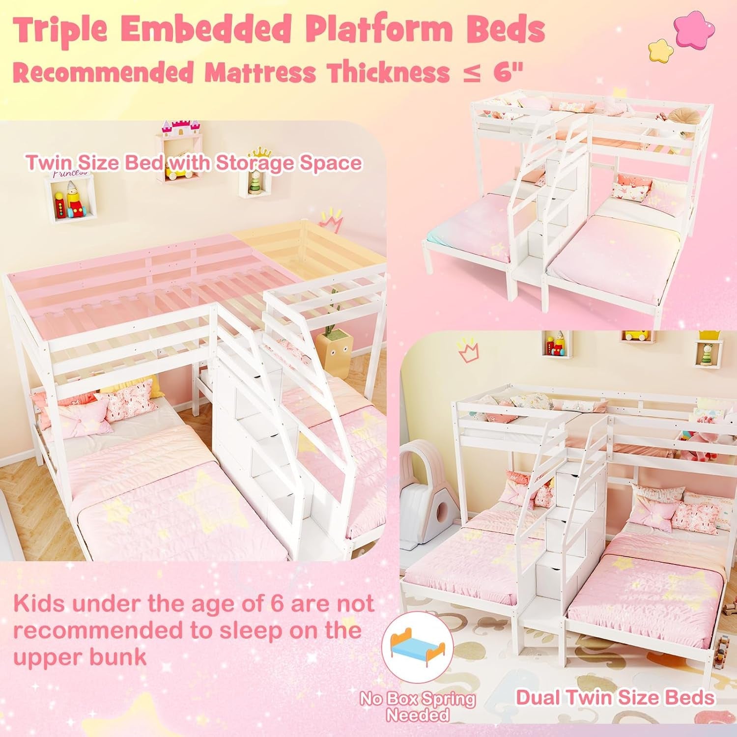 Twin over Twin & Twin Bunk Bed, Triple Bunk Beds with 4-Step Storage Stair, Guardrail & Solid Wood Structure, Wooden 3 Bunk Beds for Kids Teens, No Box Spring Needed, White-4