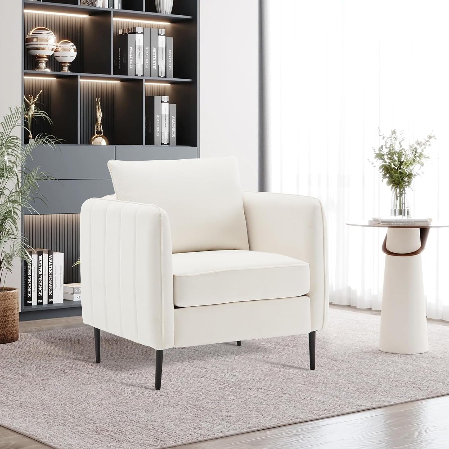 Modern Velvet Accent Chair, Single Sofa Chairs Armchair with Square Arm, Upholstered Accent Chairs for Living Room, Bedroom, Apartment (Beige Chair)-0