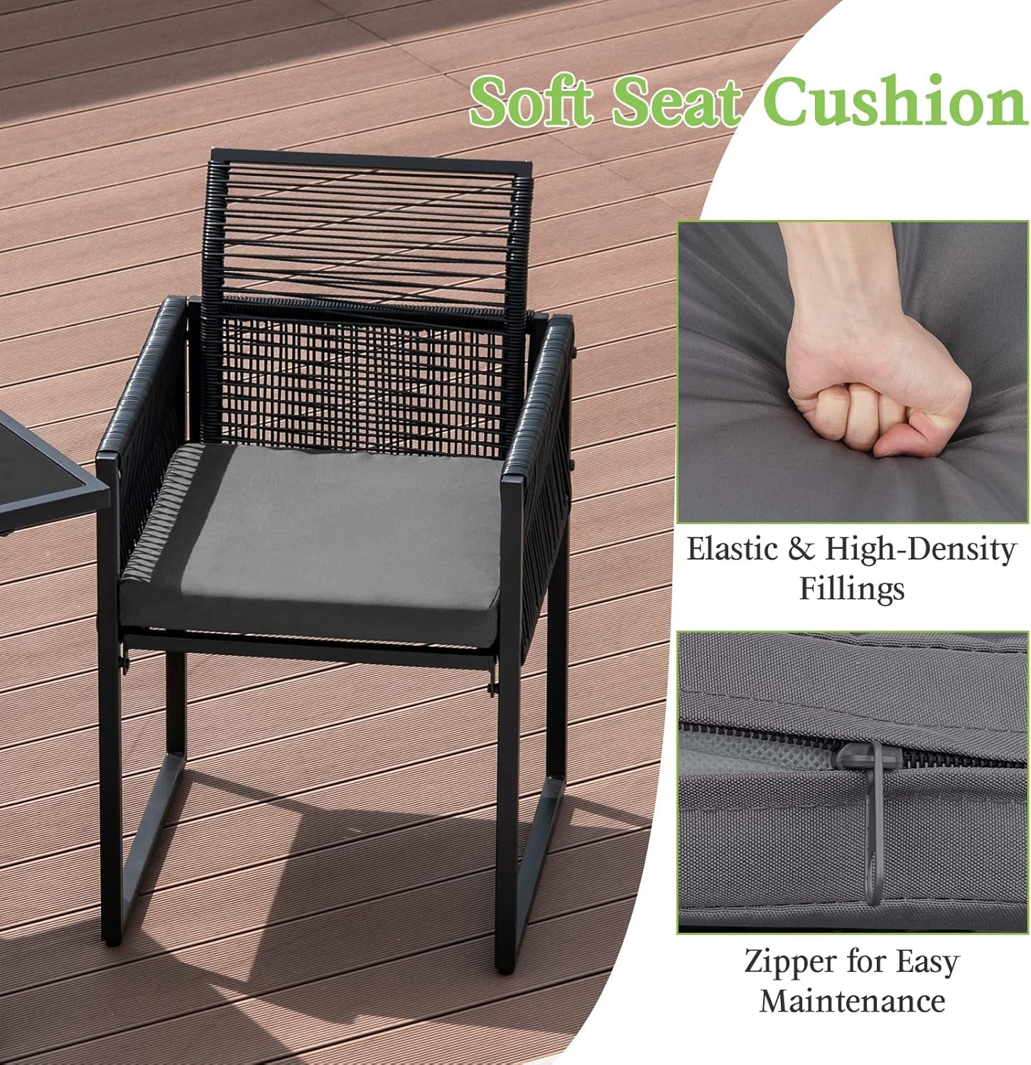 3 Pieces Outdoor Dining Set, Patio PE Rattan Furniture Set with Folding Backrest, Cozy Seat Cushions, Tempered Glass Tabletop, Space-Saving Rattan Chair Table Set for Backyard, Poolside-4