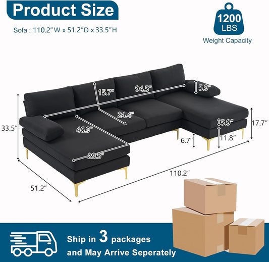 110" Modern U Shaped Sectional Couch with 51"D Double Chaise for Living Room, Black Deep Seat Sectional Sofa Sets with 5.9" Thickness Seating Padding for Home Furniture,Linen Fabric,Metal Legs-1