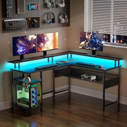 Computer Desk L Shaped 56.7" with LED Lights and Power Outlets, Reversible L Shaped Gaming Desk with Monitor Stand, Home Office Desk with Storage, Desk with USB Port and Hook, Black-1