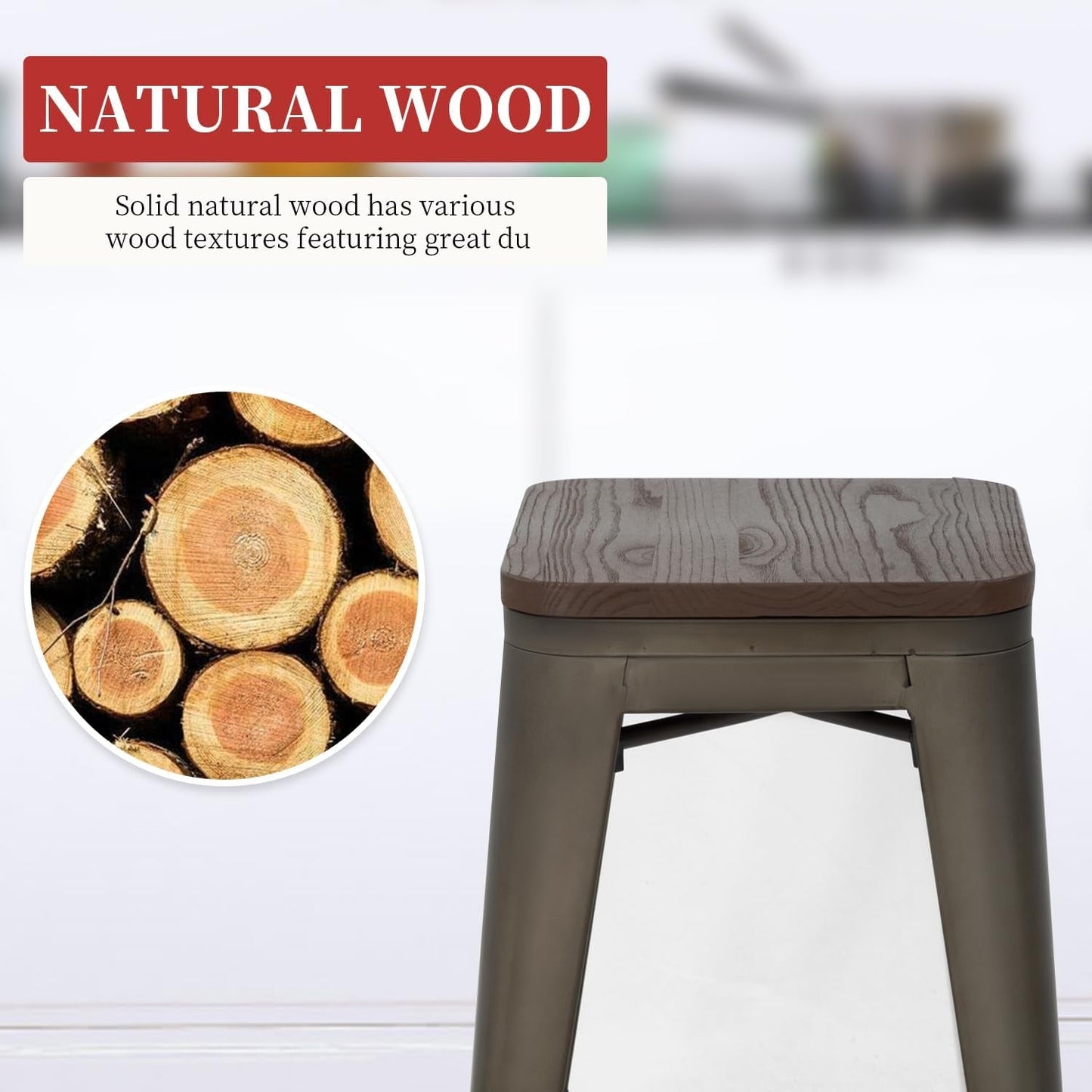 Metal Bar Stools Counter Height Barstool Industrial Bar Chairs Patio Stool Stackable Backless Stool Indoor Outdoor Metal Kitchen Stools Bar Chairs (Bronze with Wood, 24")-3