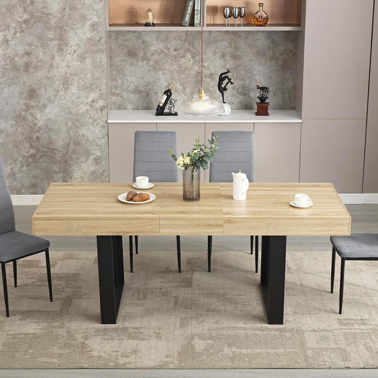 63”-79” Extendable Dining Room Table, Modern Farmhouse Wooden Kitchen Table, Long Expandable Dining Table for 6 8 10, Large Expanding Table Conference Table (Rustic Oak)-3