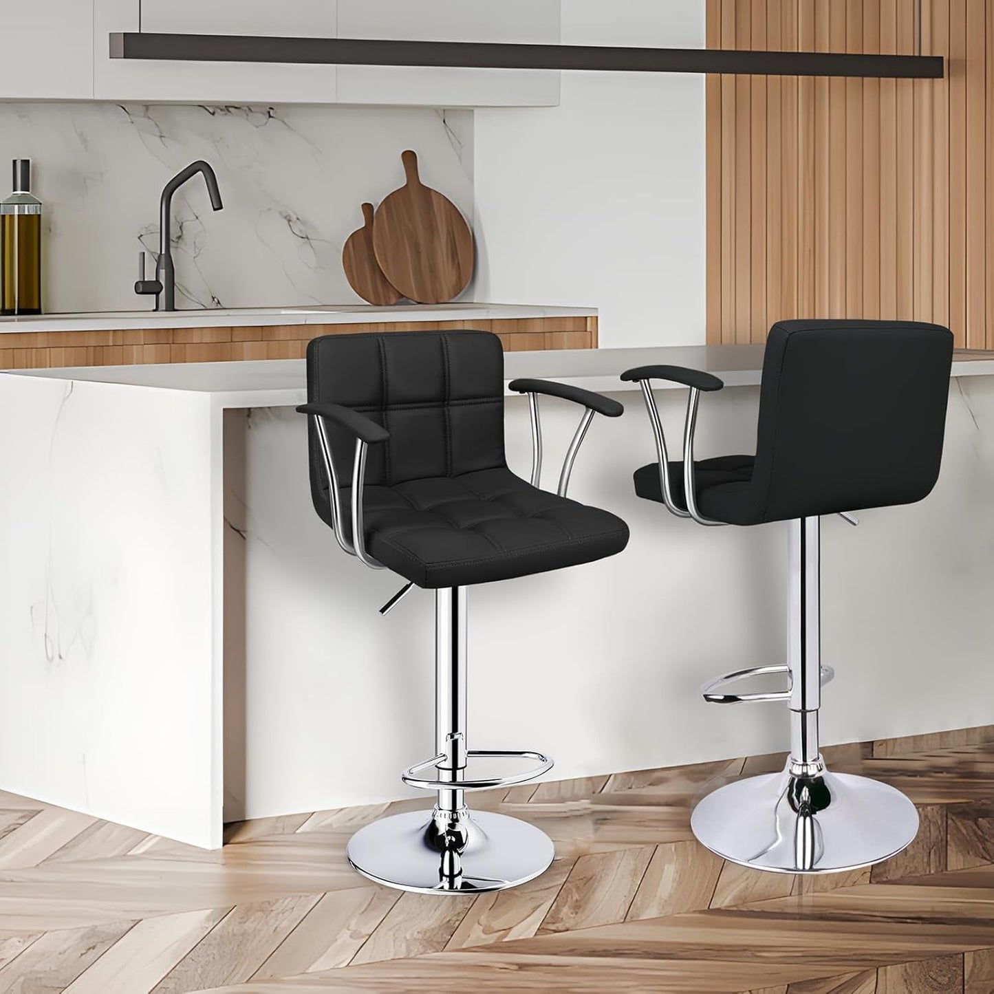 Bar Stools Set of 2,Armrest Adjustable Swivel Barstools with Back,Double Needle PU Leather Counter Height Bar Stools for Kitchen Island, Black-1