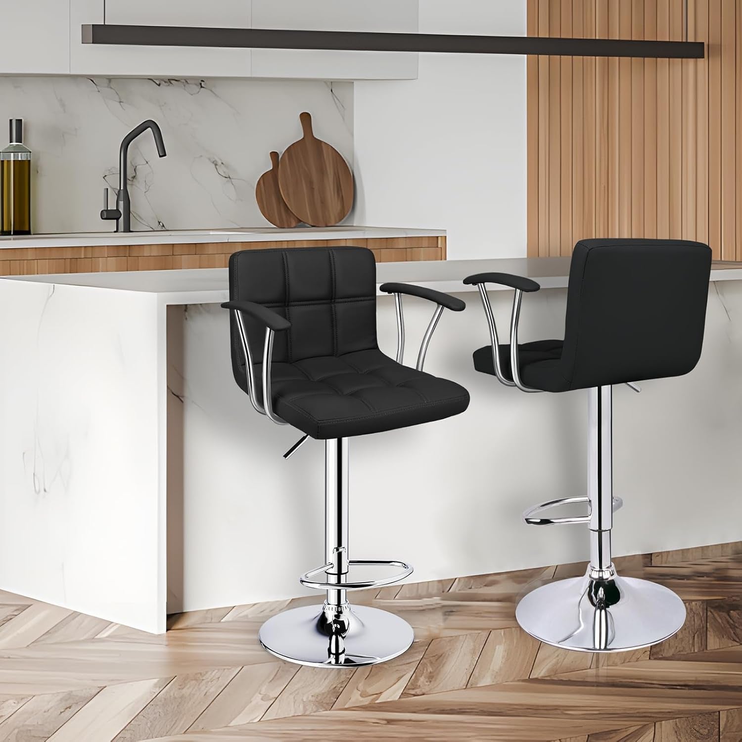 Bar Stools Set of 2,Armrest Adjustable Swivel Barstools with Back,Double Needle PU Leather Counter Height Bar Stools for Kitchen Island, Black-1