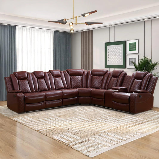 Power Recliner Sectional Sofa with LED Light, Breathing Leather Recliner Sofa Couch with USB Port/Cup Holder/Storage for Living Room (6 Seat Reclining Sectional Couch (Red)-0