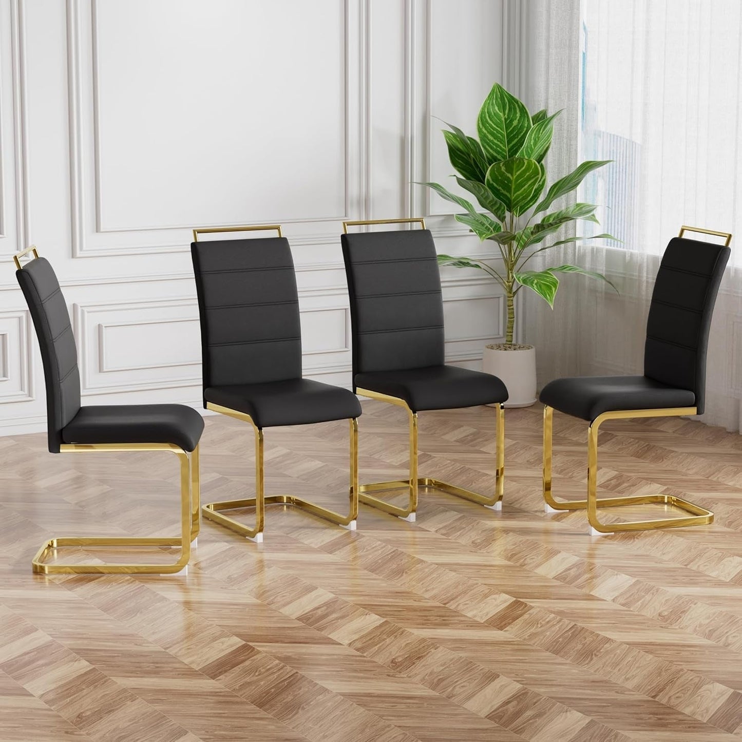 Modern Dining Chairs Set of 4, PU Faux Leather High Back Upholstered Dining Room Side Chair with Horizontal Stripe Backrest Design for Kitchen Living Room Dinner Chairs, Black with Gold Legs-0