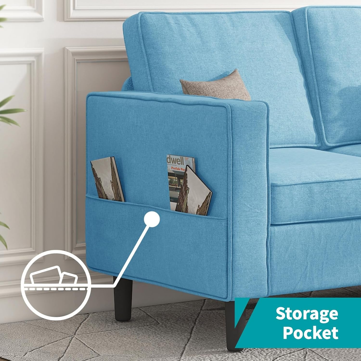 Sectional Sofa L Shaped Couch with Movable Storage Ottoman/Side Pockets/Modern Sofas/Easy Assembly/Free Combination - Blue-3